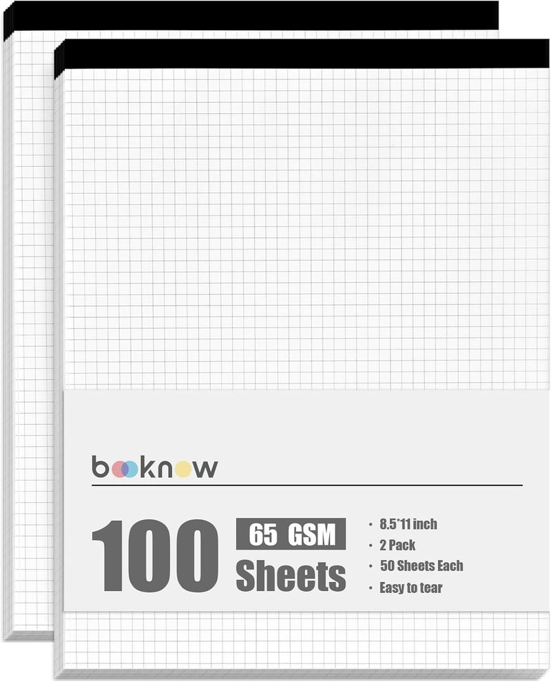 BOOKNOW 2-Pack 8.5" x 11" White 4x4 Quad Ruled Graph Paper Pads, 50 Sheets per Pad, for Office, School, Drawing, Math, Drafting, and Engineering - Image 1